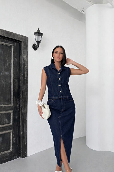 Polo State Vestă din denim bleumarin pentru femei, cu talie înaltă, fustă lun...