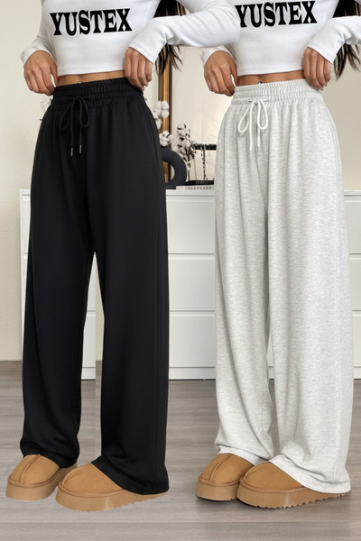 CAONNES Kadın Oversize 2 Adet Kışlık İçi Pamuklu Siyah ve Gri Bol Kesim Bağcı...