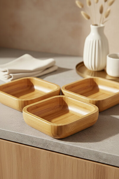 DİVAYS 3-Piece Natural Bamboo Snack Plate Set - Wooden Square Presentation Pl...