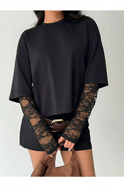 Bozz&Bozz Collection Unisex Oversize Βαμβακερό μπλουζάκι με δαντελένια μανίκι...