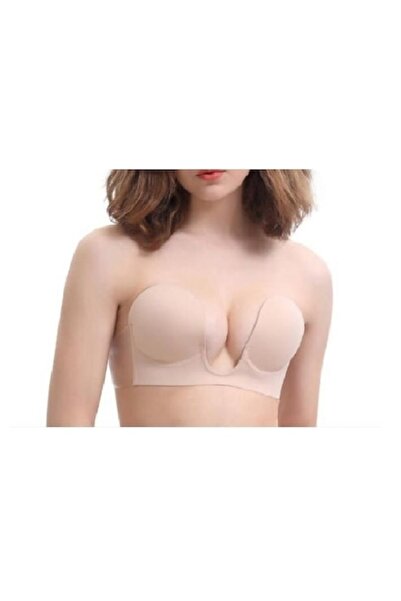 OEM Invisible Push-up Bra with Deep V Neck, Strapless, Mad Diva, Cup D, Beige