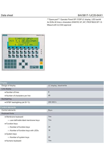 Siemens 6AV36171JC200AX1, Operator Panel OP 17/DP LC display