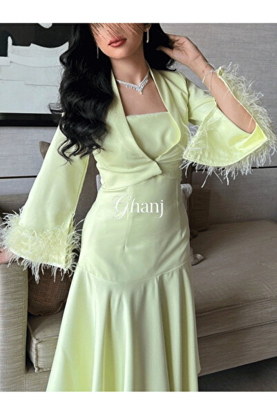 Ghanj Fashion فستان ليموني باكمام ريش