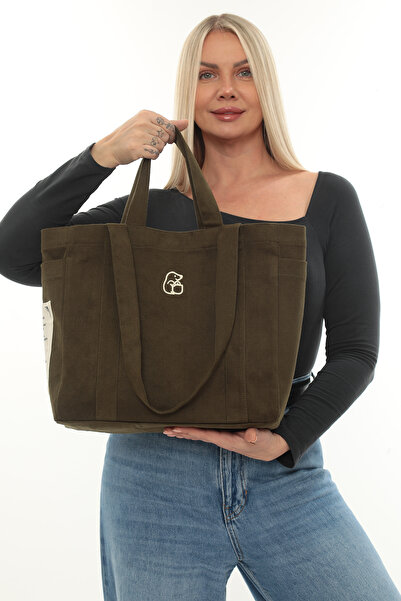 KOSTEBAG Vera Haki Renkli Nakışlı 340gr Gabardin Bez Çanta 34x31x14cm Çift Ya...