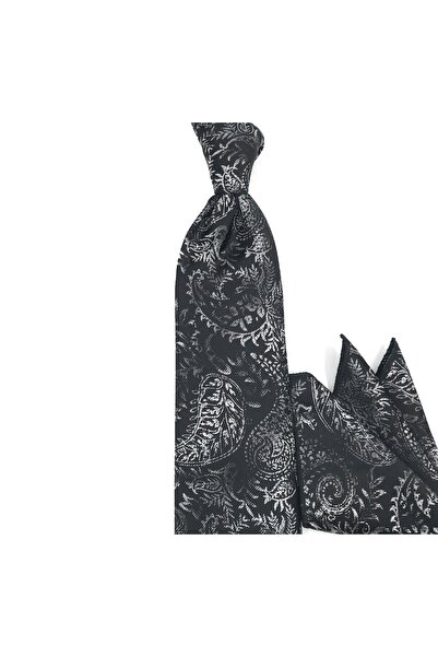 Sade Kravat Siyah Gri Beyaz Çiçek Ve Şal Desenli Özel Dokuma Mendilli Kravat ...