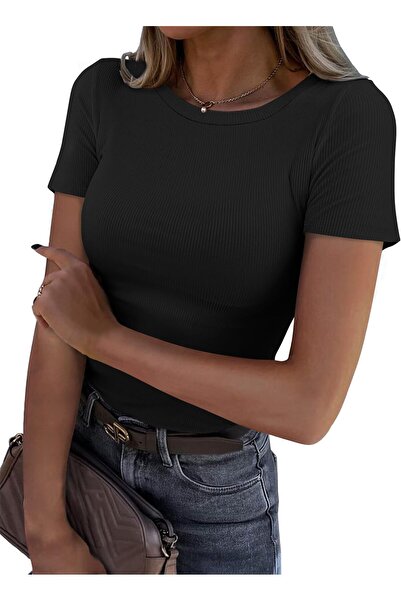 Trendimax Women's T-Shirt, Ribbed, Short Sleeve, Round Neck, Slim Fit, Black,...
