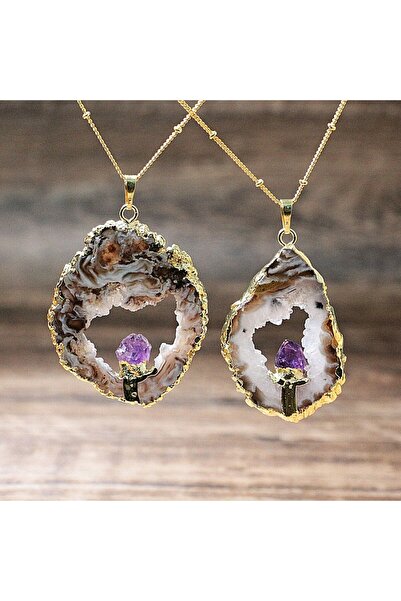Ezera Agate Druzy Pendant Necklace with Amethyst and Surabhi