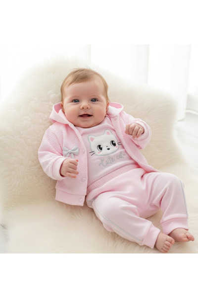 Nayinom Kedi Baskılı 3'lü set Kapüşonlu Hırka, Çıtçıtlı Body ve Pantolon