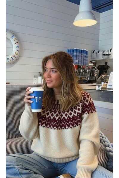 Azra Moda Style New Season Diamond Patterned Knitwear Sweater for Women