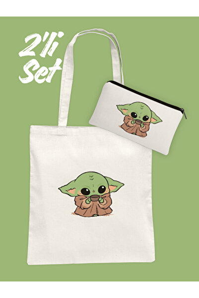 Hayali Şeyler Baby Yoda Temalı Bez Çanta ve Kalemlik Seti