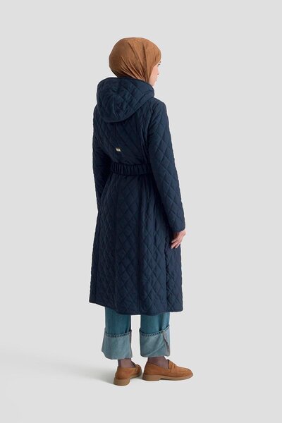 Armine TREND Baklava Patterned Full-Length Zippered Belted Quilted Coat Navy ...