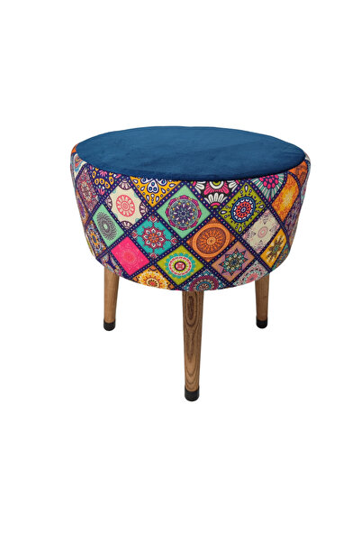 ustaagac Renkli Mandala Desenli El Yapımı Puf – Ahşap Ayaklı Dekoratif Oturma...