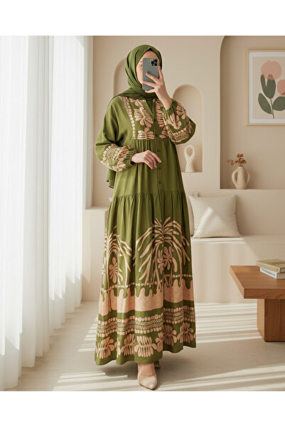 Modamorfo 2423 Authentic Patterned Hijab Dress - Khaki