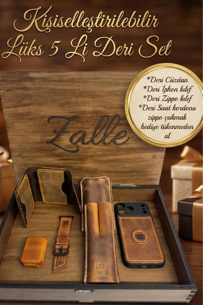 Zalle Hakiki Deri 5’li Premium Hediye Seti | El Yapımı | Kişiselleştirilebilir