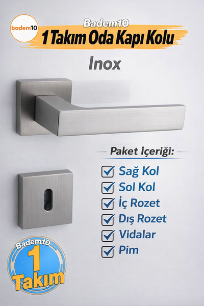 Badem10 İNOX Oda Kapı Kolu Kare Rozetli Sağa Sola Uygun İç Dış Oda Kapısı Kil...