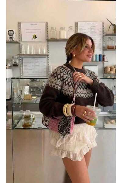 Azra Moda Style New Season Diamond Patterned Knitwear Sweater for Women