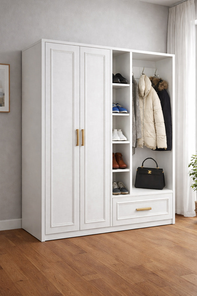 Setay Portmanto, Merta Elbise Askılıklı Beyaz Raflı 2 Kapaklı Dolap