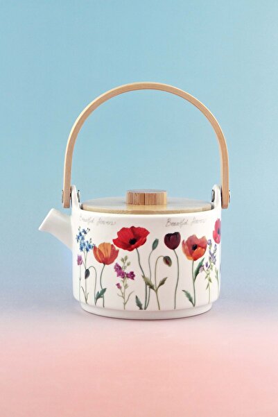Bursa Porselen Dekor إبريق شاي صغير من البورسلين بغطاء من الخيزران مزين بزهور...