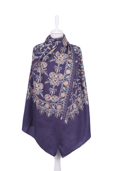 Bursa İpek Navy Blue Fully Embroidered Suzani Wool Shawl