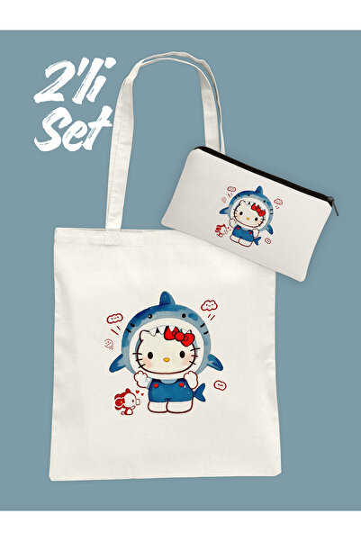 Hayali Şeyler Hello Kitty Köpekbalığı Kostümlü Bez Çanta ve Kalemlik Seti