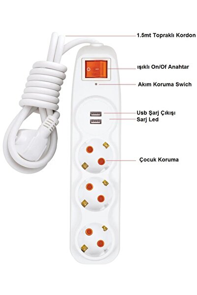 ozbience 3'lü Grup Priz ve USB Şarjlı Uzatma Kablosu, Çocuk Koruma, Işıklı An...
