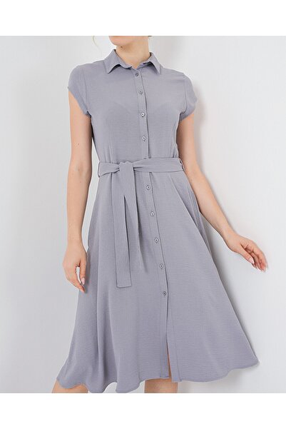 Modamorfo 1677 Full Length Buttoned Belted Dress - Gray