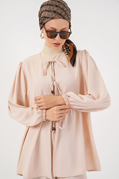 Modamorfo Women's Front Lace-Up Tunic Trousers Double Set 6744 - Cream