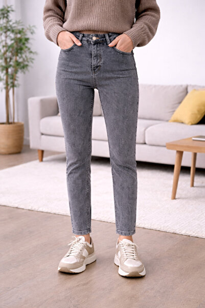 DELDNM Blugi mom pentru femei Line, cu talie înaltă, din Lycra, la modă