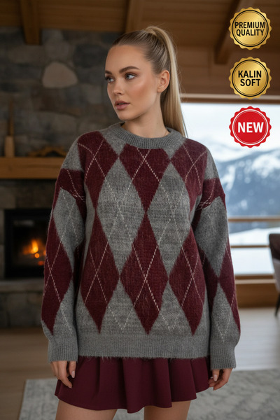 Millionaire Women's Burgundy Gray 2 Diamond Pattern Beard Detailed Oversize K...