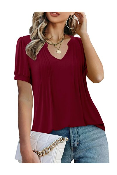 Amoretu Amoretu Women's T-Shirt, V-Neck, Short Sleeve, Short, Ruffles, Red, S...