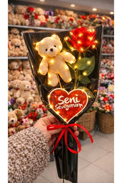 SHAMİRA Sevgililer gününe özel yapay Güllü ayıcıklı ışıklı buket ayıcıklı buket
