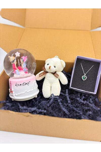 GIFT Romantik Hediyelik Set – Orta Boy Kar Küresi & Taşlı Çelik Kolye & Peluş...