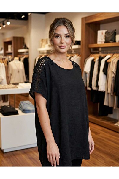 Volupta WOMEN'S SHORT SLEEVE COTTON BLOUSE IN BLACK