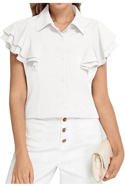 Yafido Belle Poque women's blouse, short sleeves, ruffles, buttons, white, XXL