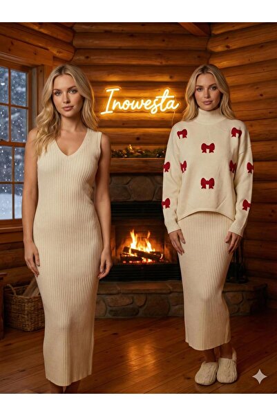 inowesta trend Women's Knitwear Half-High Collar Sweater and Dress with Bow P...