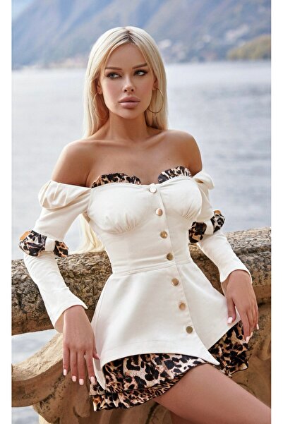 Estilo Fashion Leopar Desenli Askılı Fırfırlı Mini Elbise Adel Diver and Leop...