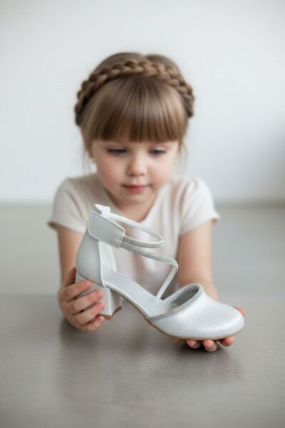 Adım Dünyası Women's Silver Glitter Short Block Heel Ankle Strap Stylish Even...