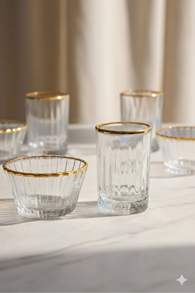 zaTen Pazar 12 Parça Altın Yaldızlı Kahve Yanı Sunum Seti - 6 Kişilik Cam Bar...