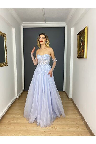 gökkuşagı moda Buz Mavi Straplez Çiçek İşli Eldiven Detaylı Nişanlık Abiye El...