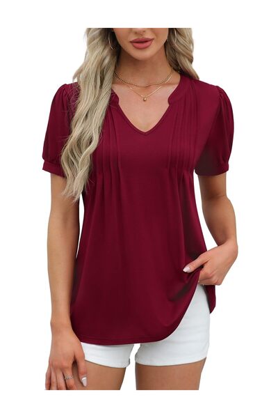 Amoretu Women's Blouse, Amoretu, Elegant with V-Neck and Short Sleeves, Pleat...