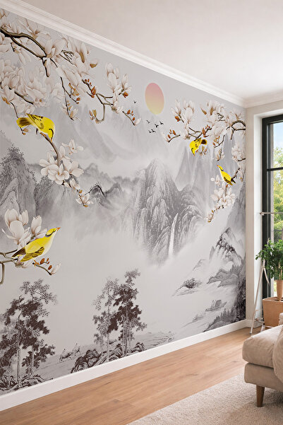 dreamwall Uzak Doğu Esintili Doğa Manzarası Sanatsal Kuş ve Çiçek Temalı Teks...