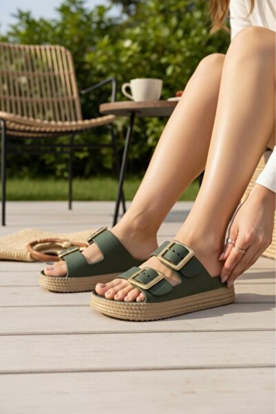 MİNAHOBİ Women's Double-Strapped Gold Buckle Detailed Straw-Look High-Sole Su...