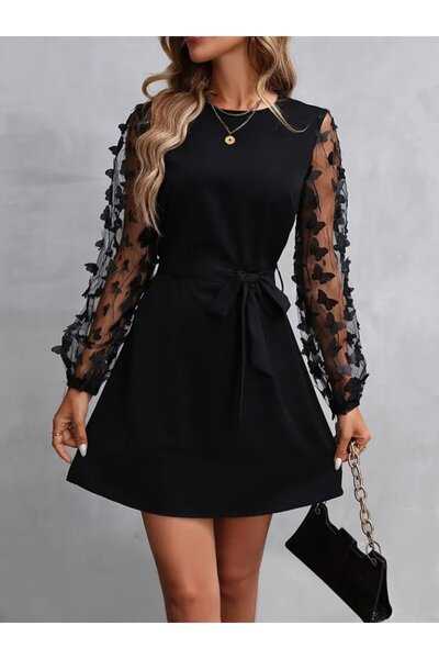 FRESCO SCARFS Γυναικείο μακρυμάνικο φόρεμα από κρεπ με λεπτομέρεια από τούλι ...