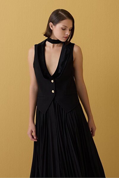 Jus De Pommes SİYAH DERİN V YAKA KADİFE DETAYLI KADIN YELEK