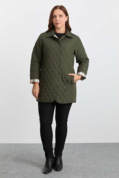 Selen Büyük Beden Klasik İçi Ekose Kapitone Uzun Mont / HAKİ