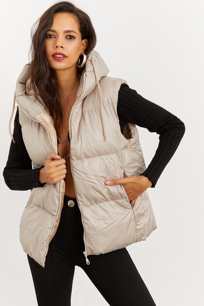 NEW JOURNAL Kadın Vizon Kapüşonlu Cepli Şişme Yelek MU147