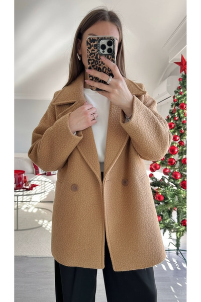 Luna Wear Teddy Fabric Camel Oversized Double-Breasted Coat