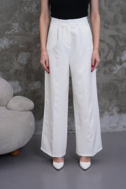 THE WOOW Women's High Waist Fabric Buttoned Pleated Palazzo White Trousers
