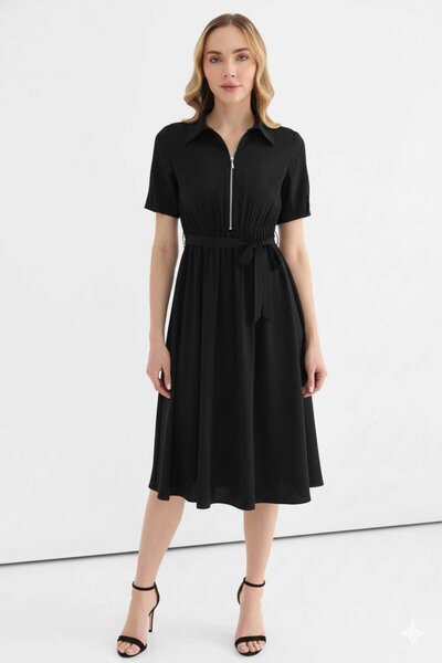 Selen Şömizye Yaka Önü Fermuarlı Beli Lastikli Elbise / SİYAH