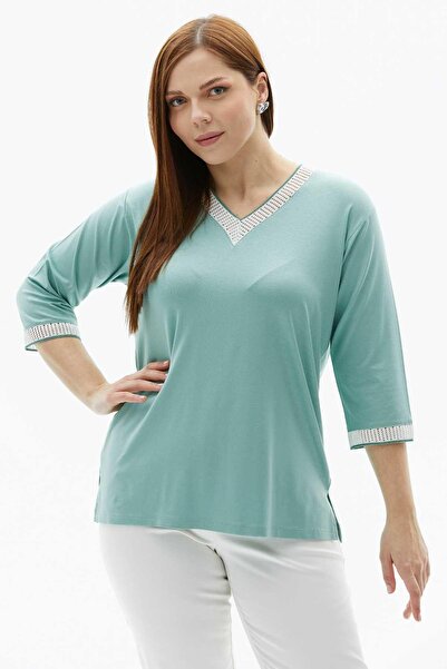 Genel Markalar Büyük Beden V Yaka Delikli Ribanalı Penye Bluz / YEŞİL